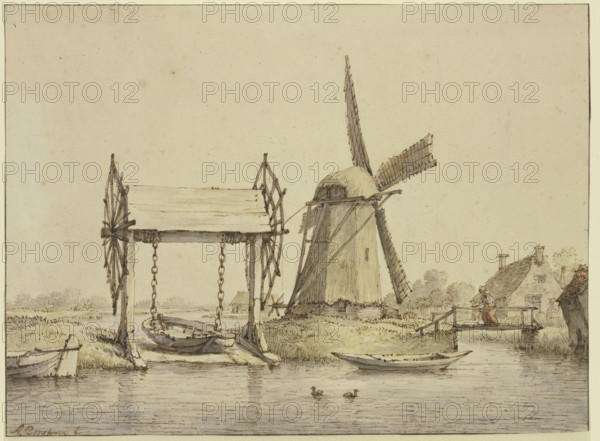 Landscape with a boat lift and a mill, 17th century. Creator: Anthonie van Borssom.