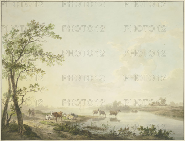 Foggy morning by a river, seven cows on the bank, some standing in the water, 1803. Creator: Abraham Teerlink.