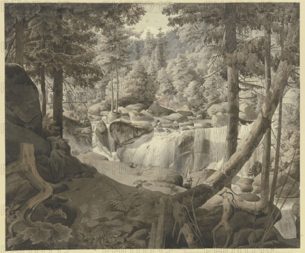 Wooded landscape with a waterfall, pilgrims crossing a bridge in the background, 19th century. Creator: August Georg Friedrich Lucas.