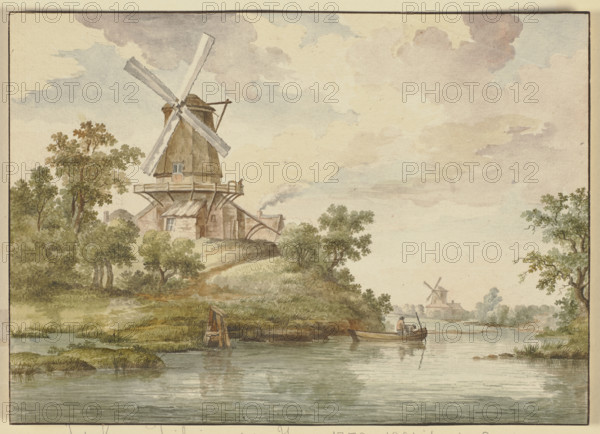 Small river with two windmills on its banks, 18th century. Creator: Jean George Teissier.