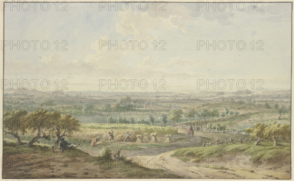 Wide landscape with the corn harvest, 18th century; 17th century. Creator: Jacobus Buys.