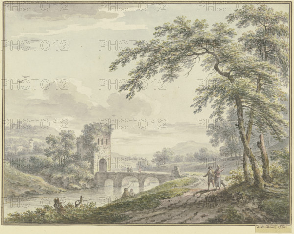 Landscape with a bridge and tower; to the right, under a tree, a couple with a dog, 1760. Creator: Johann Heinrich Muntz.