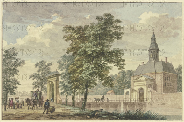 City gate with turrets in summer, a long bridge leads across the canal to an avenue..., 18th century Creator: Hermanus Numan.