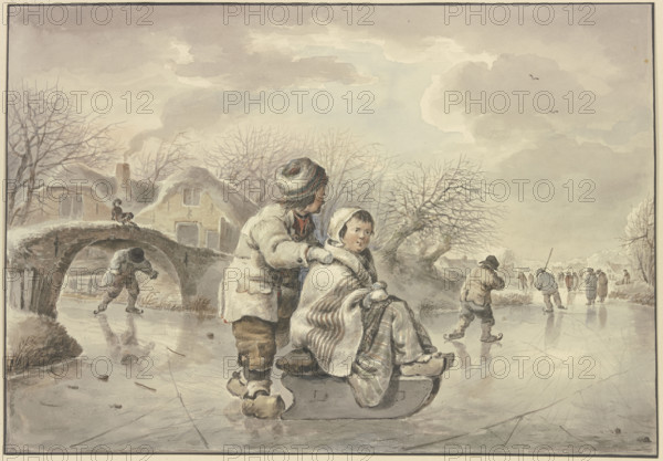 Winter landscape with skaters, 18th century. Creator: Jacob van Strij.