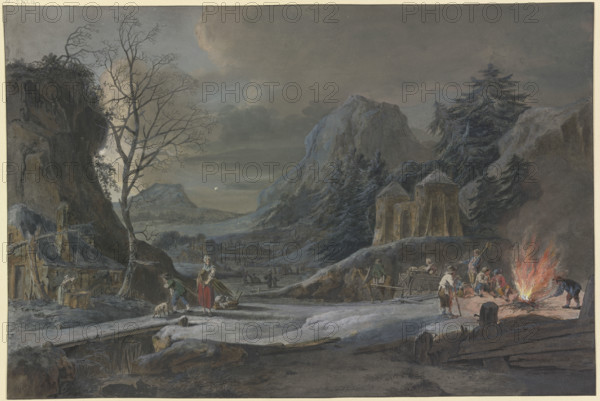 Winter landscape in moonlight, on the right farmers tend a large fire, 1777. Creator: Bernhard Heinrich Thier.