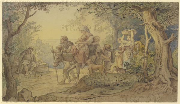 Train of Italian peasants, a woman with two children riding on a donkey..., 19th century. Creator: Ludwig Richter.