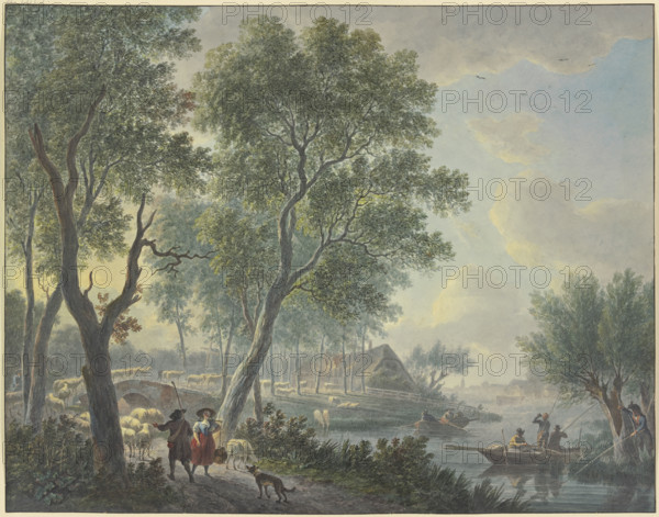 On the left, a shepherd meets a milkmaid; on the right, three fishermen in a boat.., 19th century. Creator: Abraham Teerlink.