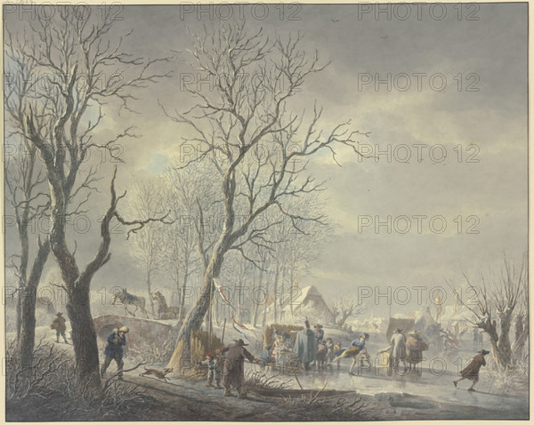 Winter landscape, skaters near tents on the canal, a hussar embraces a girl holding...19th century. Creator: Abraham Teerlink.