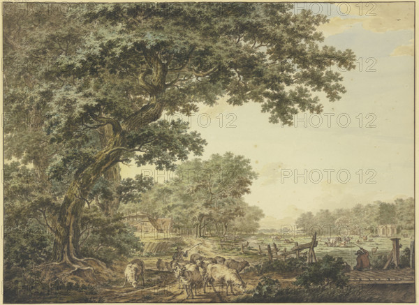 Meadow between the forest with many cattle, in the foreground a shepherd with his flock...18th cent. Creator: Jacob Cats.