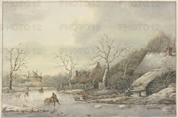 Winter landscape with skaters on a canal, 18th century. Creator: Jan Hulswit.