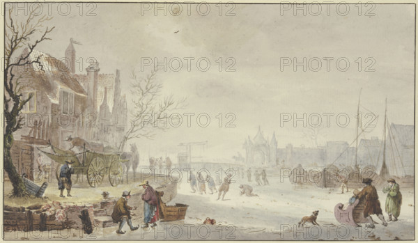 Winter landscape, on the river ice skaters, on the left a wagon at the quay, 18th century. Creator: Johannes Hermanus van Loon.