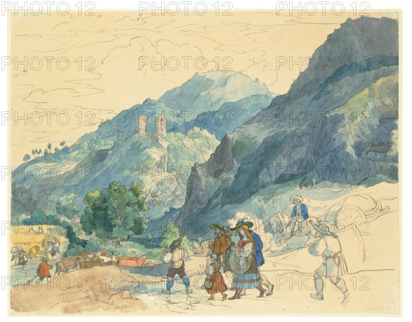 Landscape near Innsbruck with the Ruins at Fragenstein and Country People Return..., (c1816-1817?). Creator: Carl Philipp Fohr.