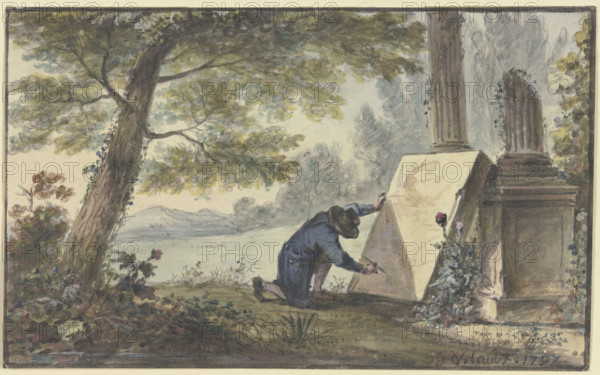 Landscape painter painting under a tree near two column fragments, 1797. Creator: Georg Karl Urlaub.