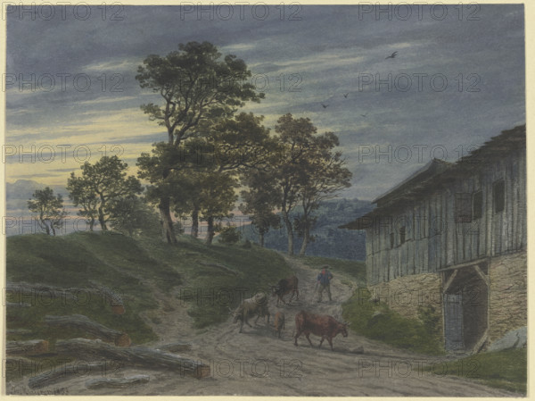 Return of the herd to the stable in the evening, 1853. Creator: Jakob Maurer.