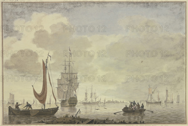 Marine, on the right a rowboat with five figures, 18th century. Creator: Cornelis de Grient.