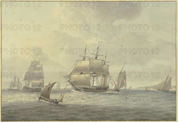 Slightly choppy sea, among many ships a three-masted ship with full sails to the left..., 1788. Creator: Dominic Serres.