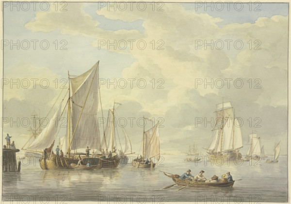 Calm sea with many ships, in the foreground a boat with three rowers and a woman, 19th century. Creator: Martinus Schouman.