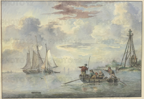 Calm sea, the sun rises, in the foreground a boat with several people heads towards..., 18th century Creator: Leendert de Koningh.