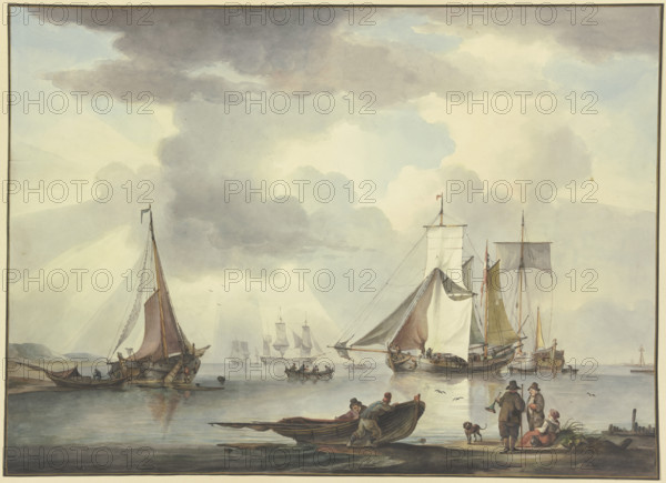 Many ships, on the right on the beach a woman and two men, one of whom holds..., 18th century. Creator: Leendert de Koningh.