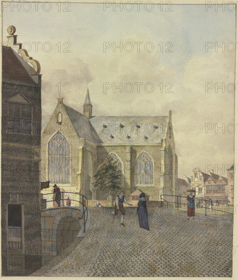 Church by a bridge, a lame beggar with a lady, 1797. Creator: Johannes Huibert Prins.