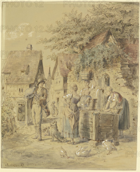 Maids and a journeyman at the well, 1887. Creator: Bertha Bagge.