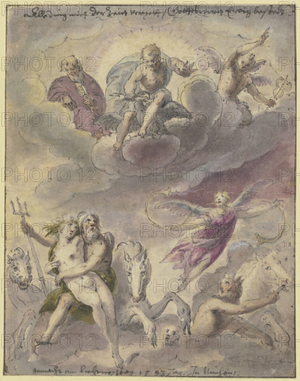 Neptune and Amphitrite with sea gods, horses, and the flying Fama; Jupiter, Mercury..., 1593. Creator: Georg Beham.