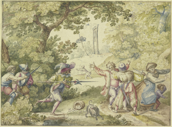 Four soldiers attacking peasants going to market, a wheel and gallows..., 16th-17th century. Creators: Jacob Savery I, Jacob Savery II.