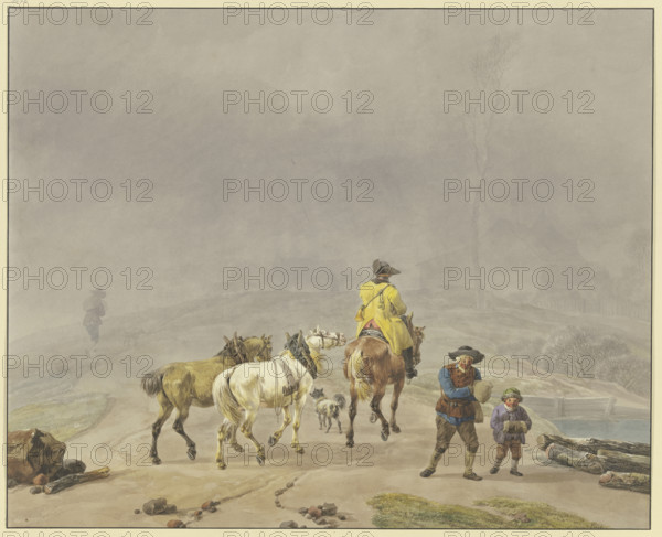 Mounted postilion with two lead horses in a winter landscape, 18th century. Creator: Wilhelm von Kobell.