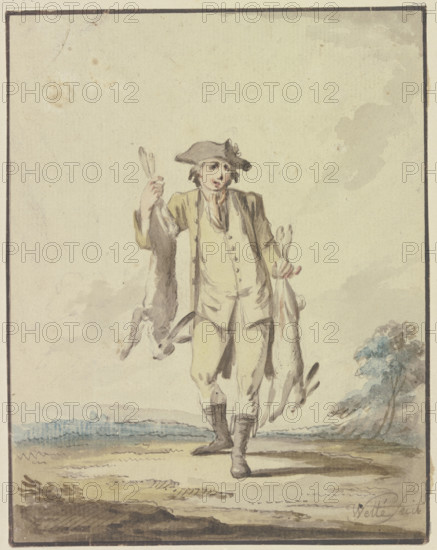 Hunter carrying two hares, late 18th century. Creator: Gottlieb Welte.