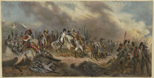 Napoleon with his Riding a horse across a battlefield, 1829. Creator: Unknown.