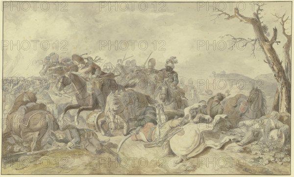 Cavalry charge against infantry, a dying drummer on the right, late 18th century. Creator: Georg Friedrich Hoch.