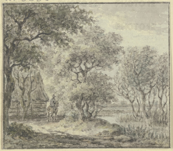Woodland scene with water and a house, including a rider, 18th century. Creator: Jan Evert Grave.