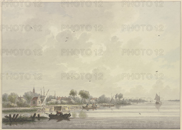 Dutch village on a wide river bustling with several boats, a bird flies on the water...18th century. Creator: Nicolaas Wicart.