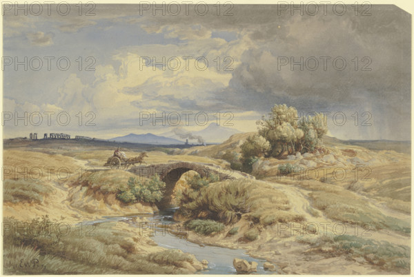 Italian countryside with aqueducts on the left, 1853. Creator: Eduard Wilhelm Pose.