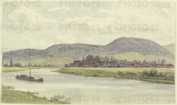 Village on a river with mountains in the middle ground, 19th century. Creator: Karl Peter Burnitz.