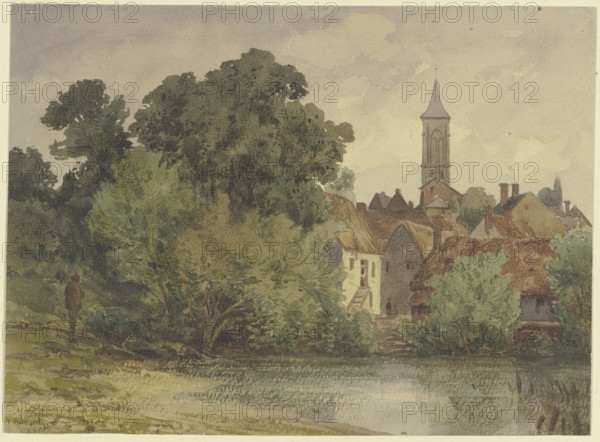 Pond, behind it the houses of a village with a church steeple, 19th century. Creator: Karl Peter Burnitz.