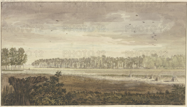 Landscape, a long grove in the background, fields with some sheaves of grain in..., 18th century. Creator: Jacobus van Liender.