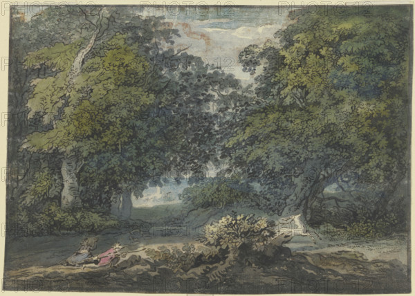 Wooded landscape, a man is hunting a white stag, a woman is sitting with him. Woman, 18th century. Creator: Jacobus van Liender.