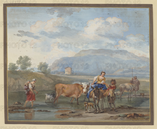 Shepherds drive cows through water, a woman carries her child on her back on...18th cent. Creator: Aert Schouman.