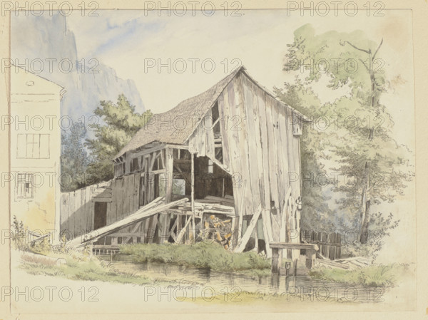 Barn by a stream, 1840. Creator: Ernst Ferdinand Oehme.