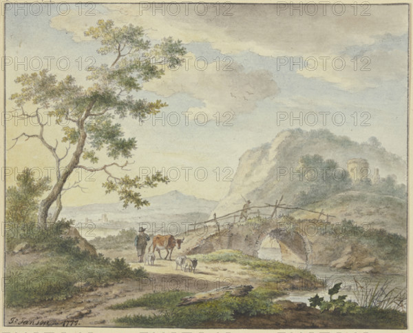 A man walks across a stone bridge; on the path is a farmer with a cow and sheep, 1777. Creator: Johannes Christiaan Janson.