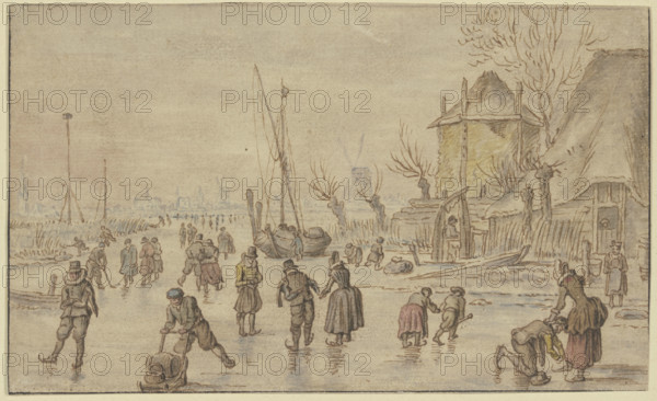 Winter landscape, on the ice many skaters, on the right a man is putting skates..., 17th century. Creator: Hendrick Avercamp.