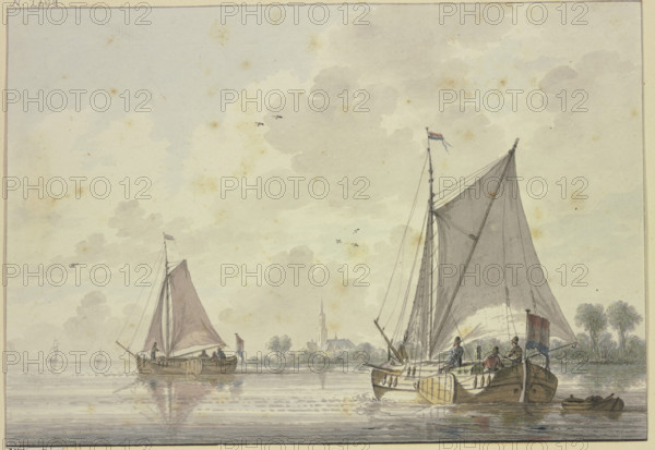 Two ships sailing on a very wide river, a church on the bank among the trees, 18th century. Creator: Nicolaas Wicart.