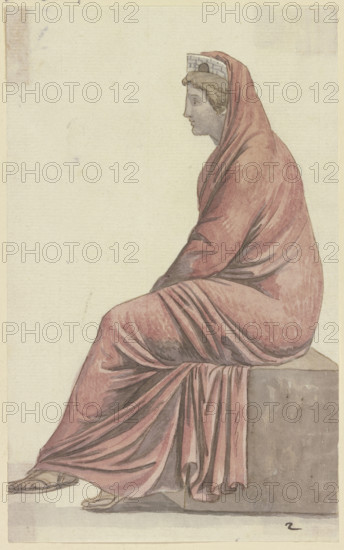 Rome: Seated woman with city crown (for Goethe's Roman Carnival), late 18th century.  Creator: Johann Georg Schütz.