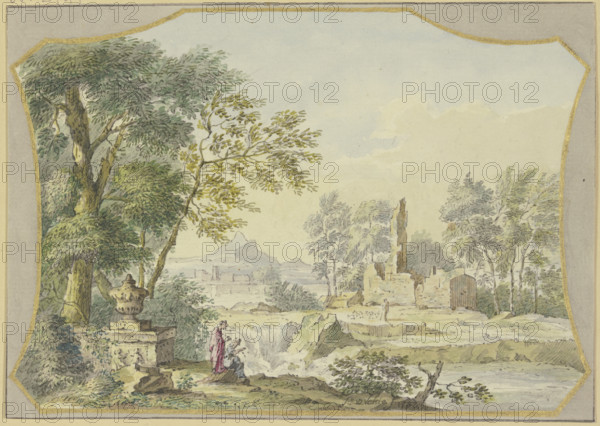 Landscape with ruins; to the left, by a vase under trees, two figures, 1764. Creator: Jacob van de Velde.