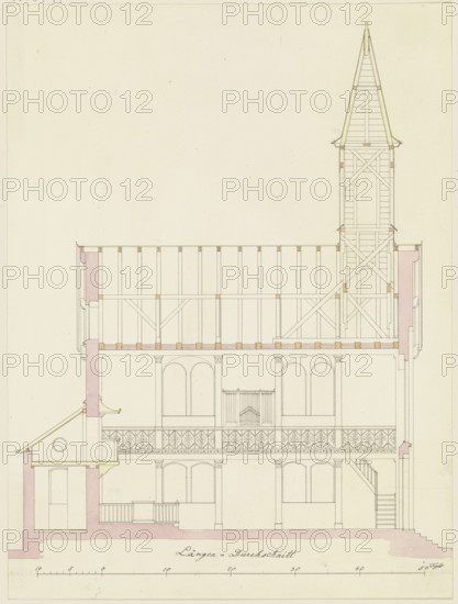 Longitudinal section through a church for the parish of Friedrichsdorf, 1825. Creator: Heinrich Hübsch.