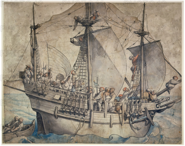 Ship with Revelling Sailors, Lansquenets and a Sutleress, c1532-1533. Creator: Hans Holbein the Younger.