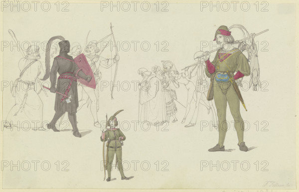 A black knight, archers, a hunter, and masked figures, early-mid 19th century. Creator: Ferdinand Fellner.