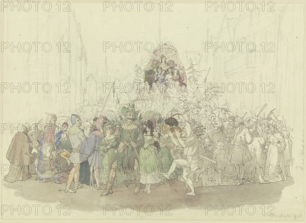Carnival procession based on Karl Spindler's novel "The Jew", 19th century. Creator: Jakob Becker.