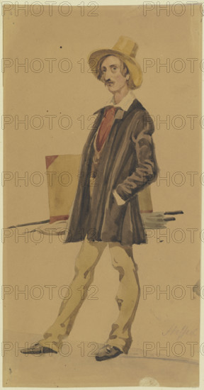 Standing painter with painting equipment (brushes, portfolio, umbrella), 19th century. Creator: Carl Constantin Heinrich Steffeck.